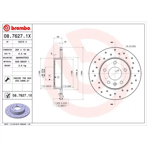 Brzdový kotúč BREMBO 08.7627.1X