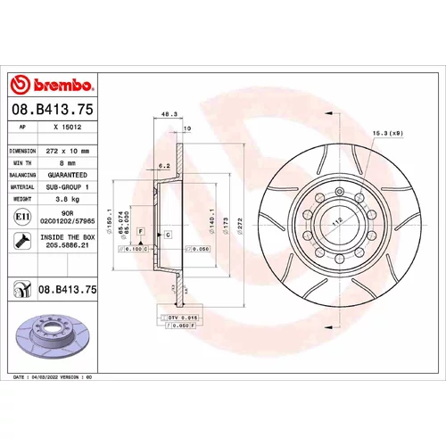 Brzdový kotúč BREMBO 08.B413.75