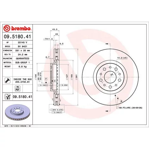 Brzdový kotúč BREMBO 09.5180.41