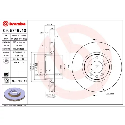 Brzdový kotúč BREMBO 09.5749.11