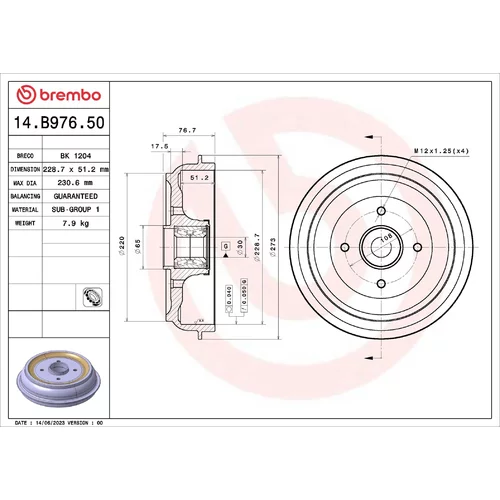 Brzdový bubon BREMBO 14.B976.50