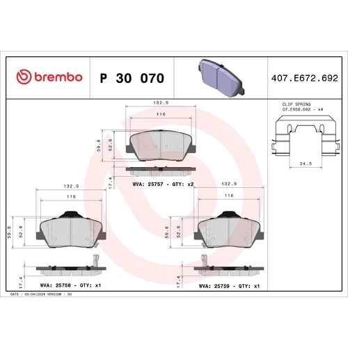 Sada brzdových platničiek kotúčovej brzdy BREMBO P 30 070