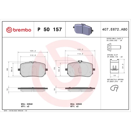 Sada brzdových platničiek kotúčovej brzdy BREMBO P 50 157