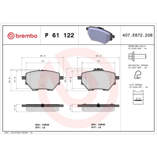 Sada brzdových platničiek kotúčovej brzdy BREMBO P 61 122