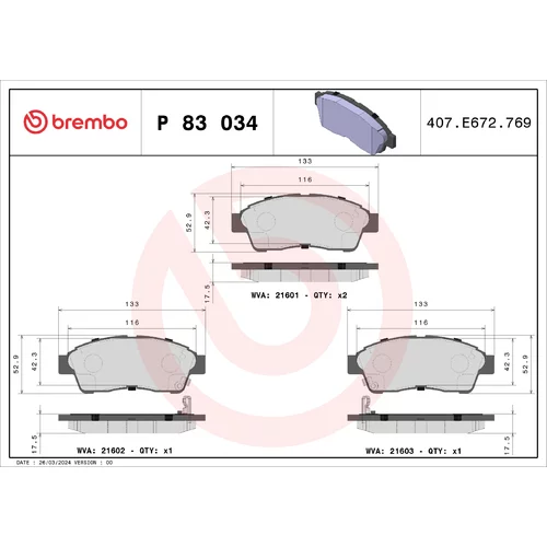 Sada brzdových platničiek kotúčovej brzdy BREMBO P 83 034