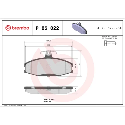 Sada brzdových platničiek kotúčovej brzdy BREMBO P 85 022