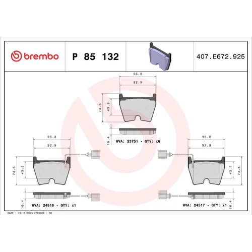 Sada brzdových platničiek kotúčovej brzdy BREMBO P 85 132