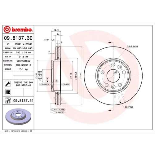 Brzdový kotúč BREMBO 09.8137.31