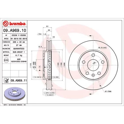 Brzdový kotúč BREMBO 09.A969.11