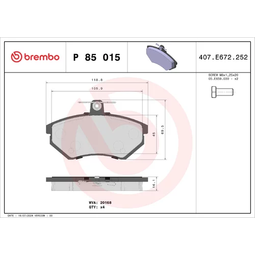 Sada brzdových platničiek kotúčovej brzdy BREMBO P 85 015