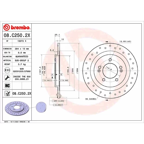 Brzdový kotúč BREMBO 08.C250.2X