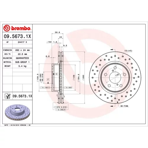 Brzdový kotúč BREMBO 09.5673.1X