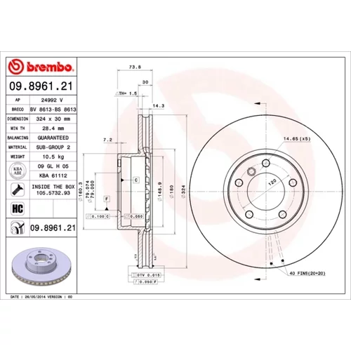 Brzdový kotúč BREMBO 09.8961.21