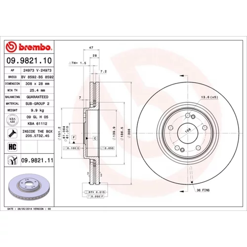 Brzdový kotúč BREMBO 09.9821.11