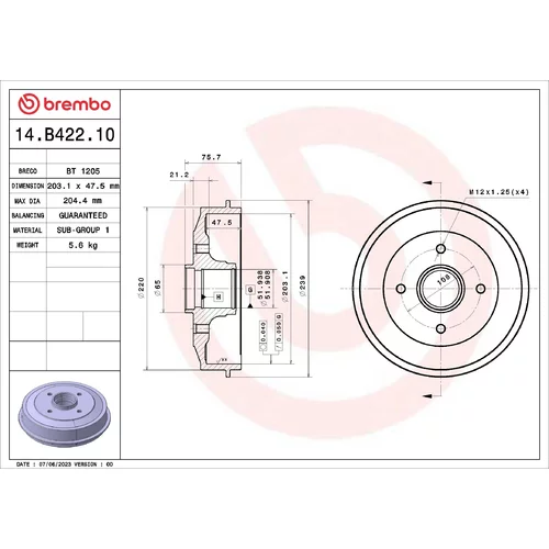 Brzdový bubon BREMBO 14.B422.10