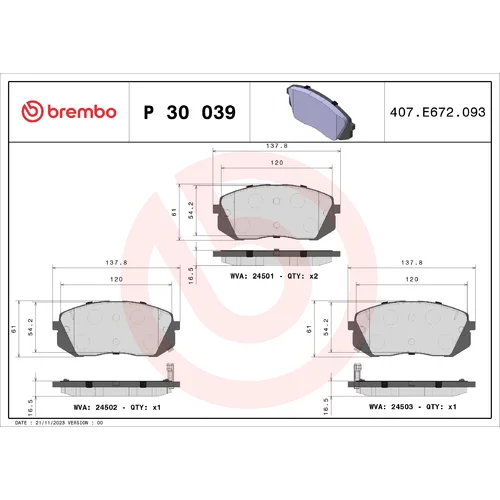 Sada brzdových platničiek kotúčovej brzdy BREMBO P 30 039