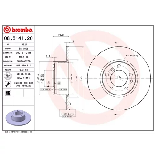 Brzdový kotúč BREMBO 08.5141.20