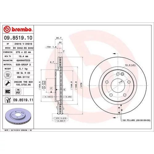 Brzdový kotúč BREMBO 09.8519.11