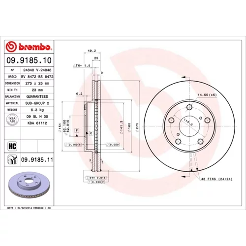 Brzdový kotúč BREMBO 09.9185.11