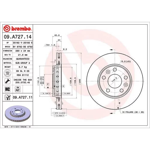 Brzdový kotúč BREMBO 09.A727.11