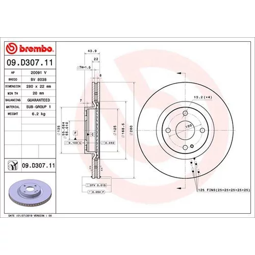 Brzdový kotúč BREMBO 09.D307.11