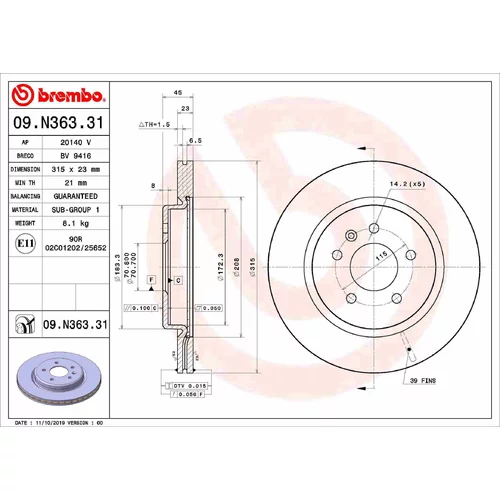 Brzdový kotúč BREMBO 09.N363.31