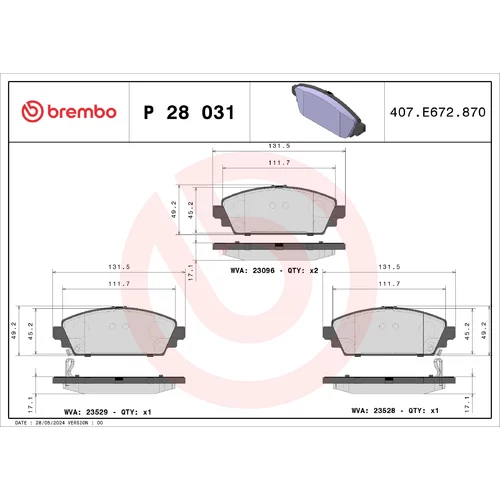 Sada brzdových platničiek kotúčovej brzdy BREMBO P 28 031