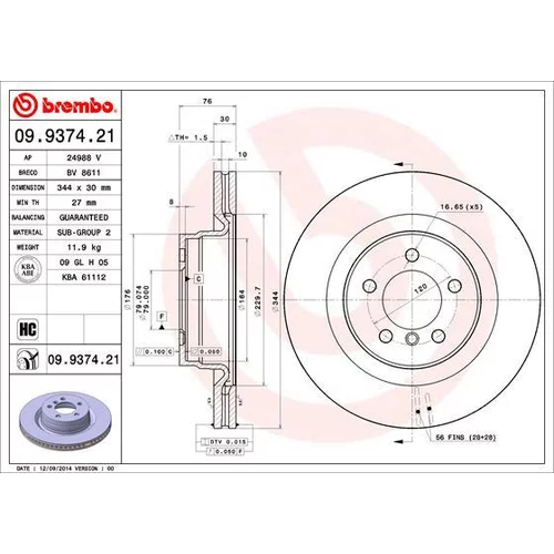 Brzdový kotúč BREMBO 09.9374.21