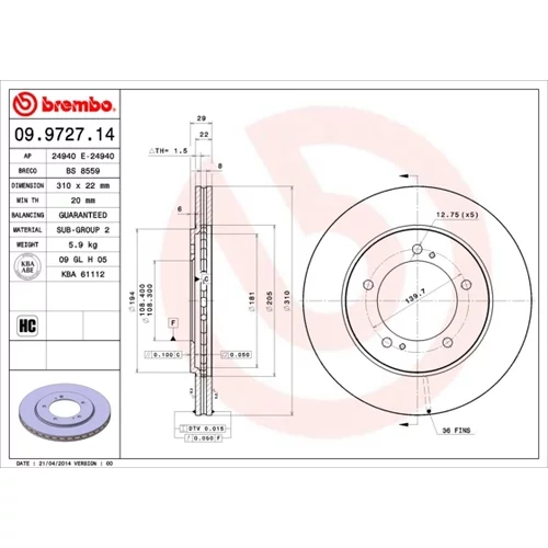 Brzdový kotúč BREMBO 09.9727.14