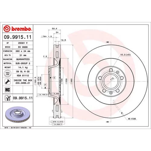 Brzdový kotúč BREMBO 09.9915.11