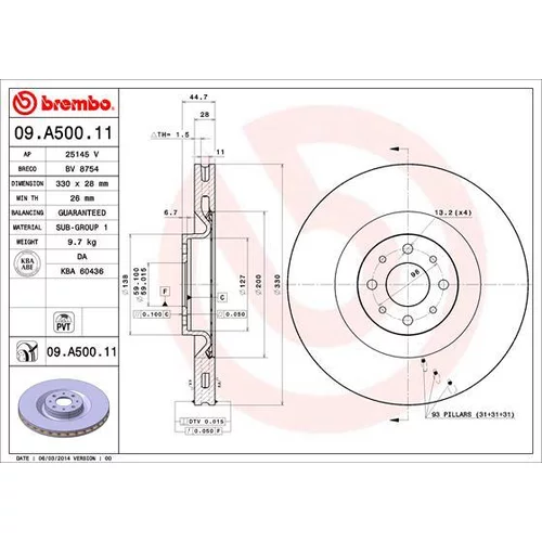 Brzdový kotúč BREMBO 09.A500.11