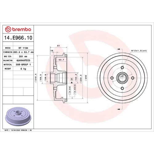 Brzdový bubon BREMBO 14.E966.10