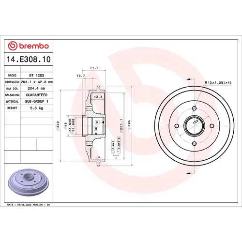 Brzdový bubon BREMBO 14.E308.10