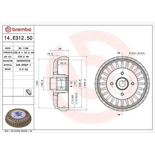 Brzdový bubon BREMBO 14.E312.50