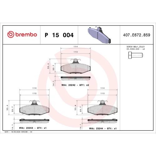 Sada brzdových platničiek kotúčovej brzdy BREMBO P 15 004