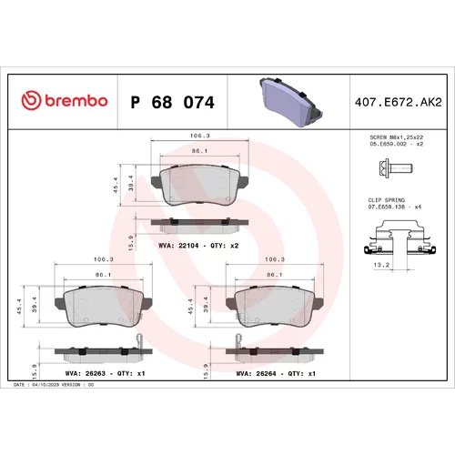 Sada brzdových platničiek kotúčovej brzdy BREMBO P 68 074