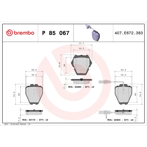 Sada brzdových platničiek kotúčovej brzdy BREMBO P 85 067