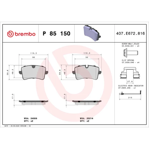 Sada brzdových platničiek kotúčovej brzdy BREMBO P 85 150X