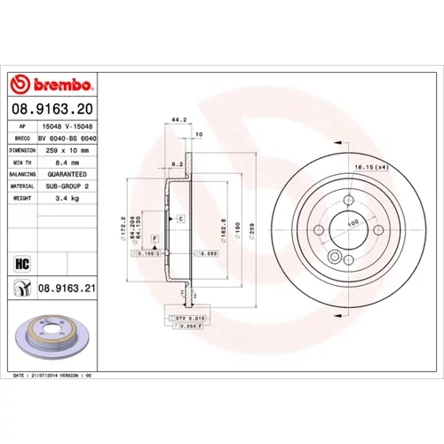 Brzdový kotúč BREMBO 08.9163.21