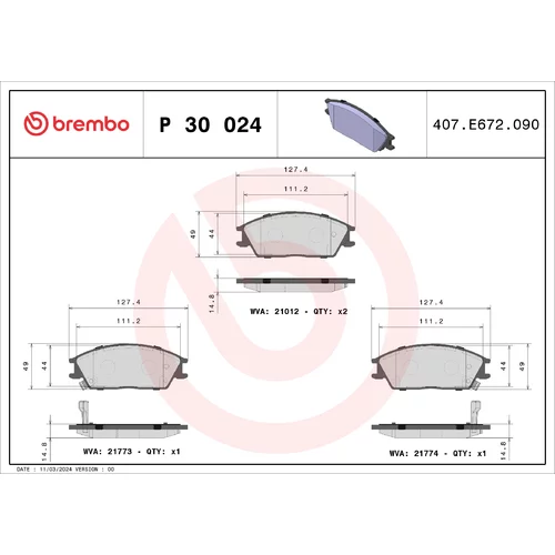 Sada brzdových platničiek kotúčovej brzdy BREMBO P 30 024