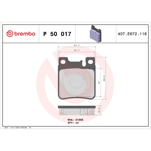 Sada brzdových platničiek kotúčovej brzdy P 50 017 /BREMBO/