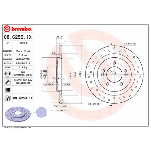 Brzdový kotúč BREMBO 08.C250.1X