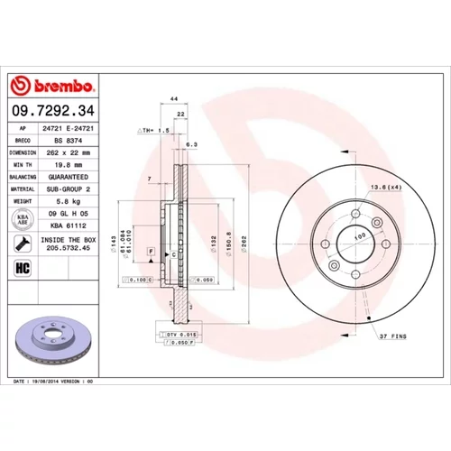 Brzdový kotúč BREMBO 09.7292.34