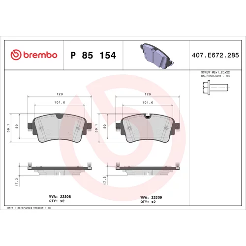 Sada brzdových platničiek kotúčovej brzdy BREMBO P 85 154X