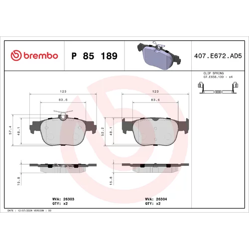 Sada brzdových platničiek kotúčovej brzdy P 85 189 /BREMBO/