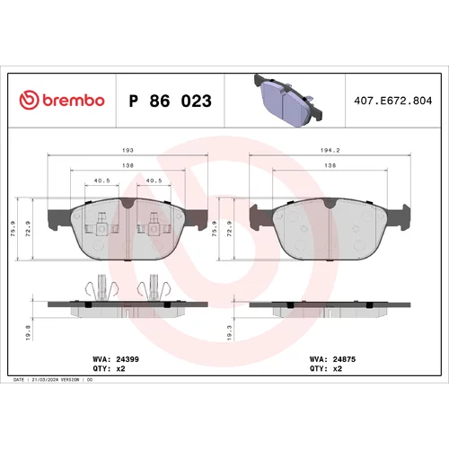 Sada brzdových platničiek kotúčovej brzdy BREMBO P 86 023