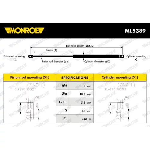 Plynová vzpera, kapota motora MONROE ML5389 - obr. 7