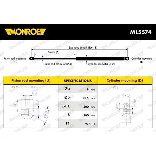 Pneumatická pružina, Batožinový/nákladný priestor MONROE ML5574 - obr. 4