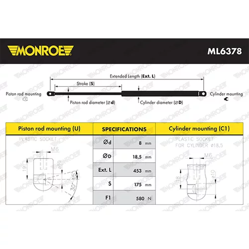 Pneumatická pružina, Batožinový/nákladný priestor MONROE ML6378 - obr. 2