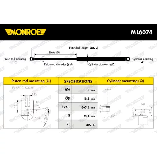 Plynová vzpera, kapota motora MONROE ML6074 - obr. 6